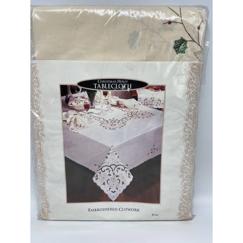 Christmas Holly Tablecloth & Napkins Vintage‎ Embroidered Cutwork Oblong 66"x84"